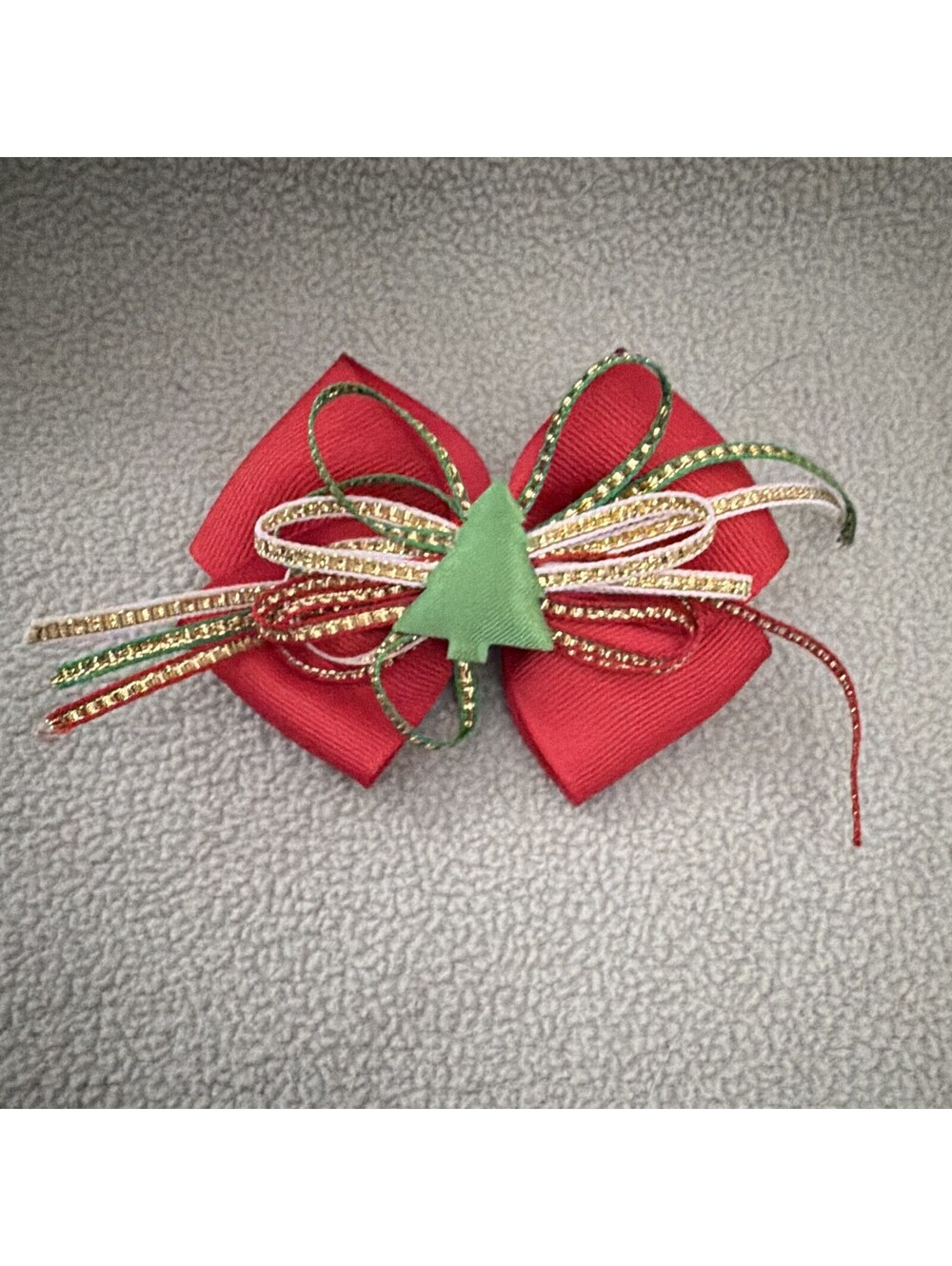 Girls Red Ribbon Bow Hair Barrette Clip w/ Glitter Christmas Tree & Gold Trim